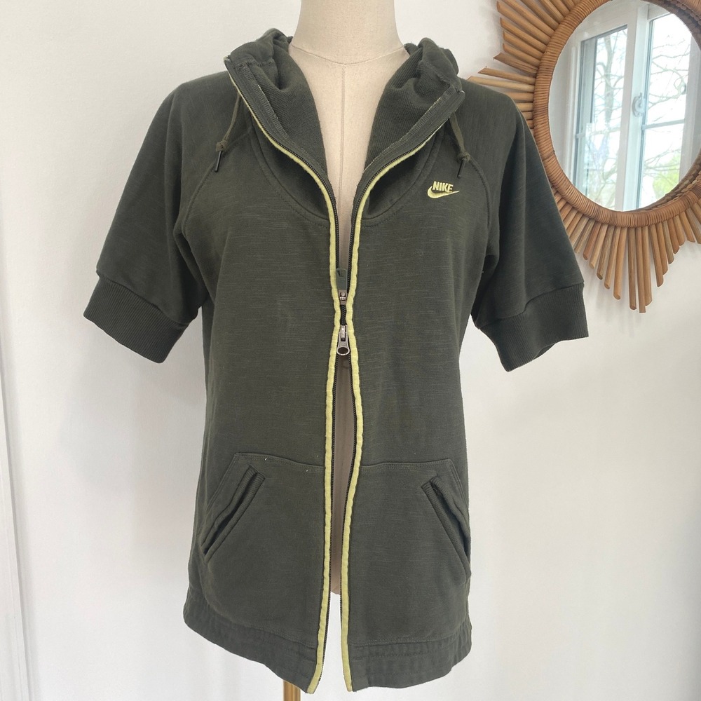 Vintage Y2K Nike Green Short Sleeve Full Zip Hoodie Double Zipper M Athleisure